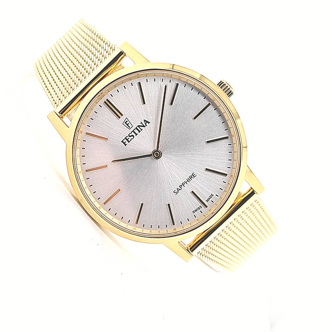 Festina Swiss Made Herrenuhr mit Milanaiseband vergoldet