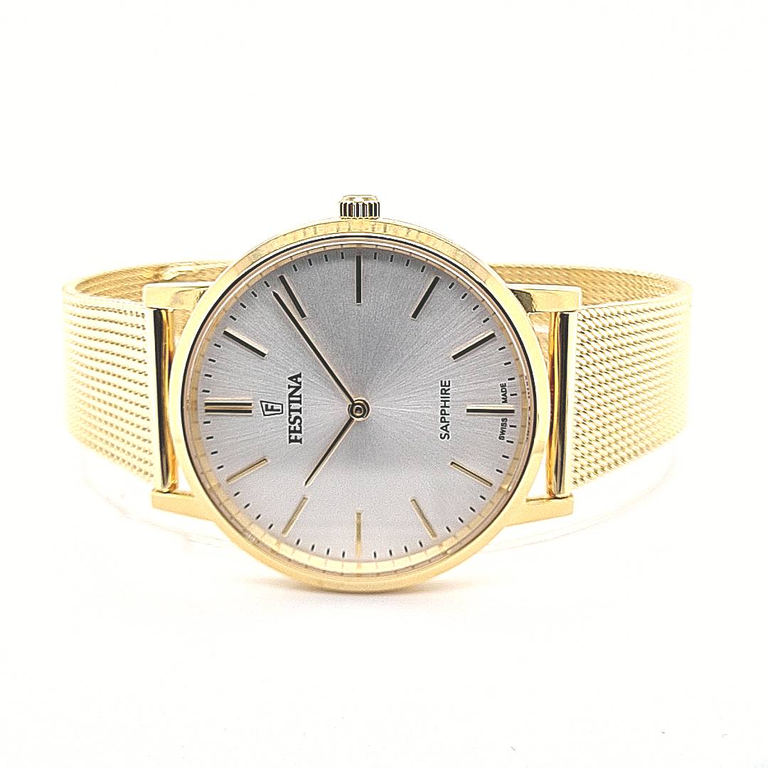 Festina Swiss Made Herrenuhr mit Milanaiseband vergoldet – Bild 2