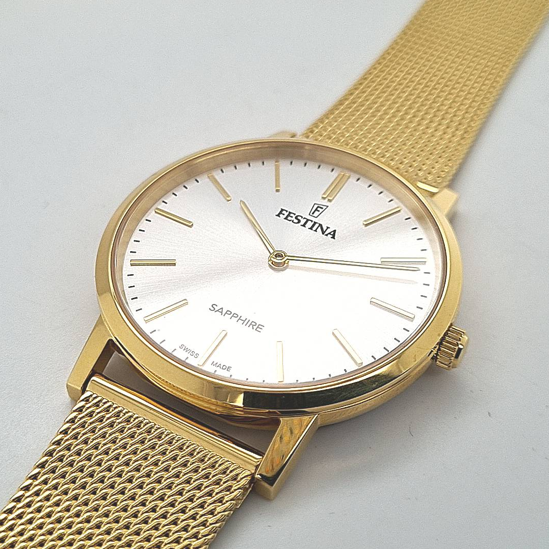 Festina Swiss Made Herrenuhr mit Milanaiseband vergoldet – Bild 10