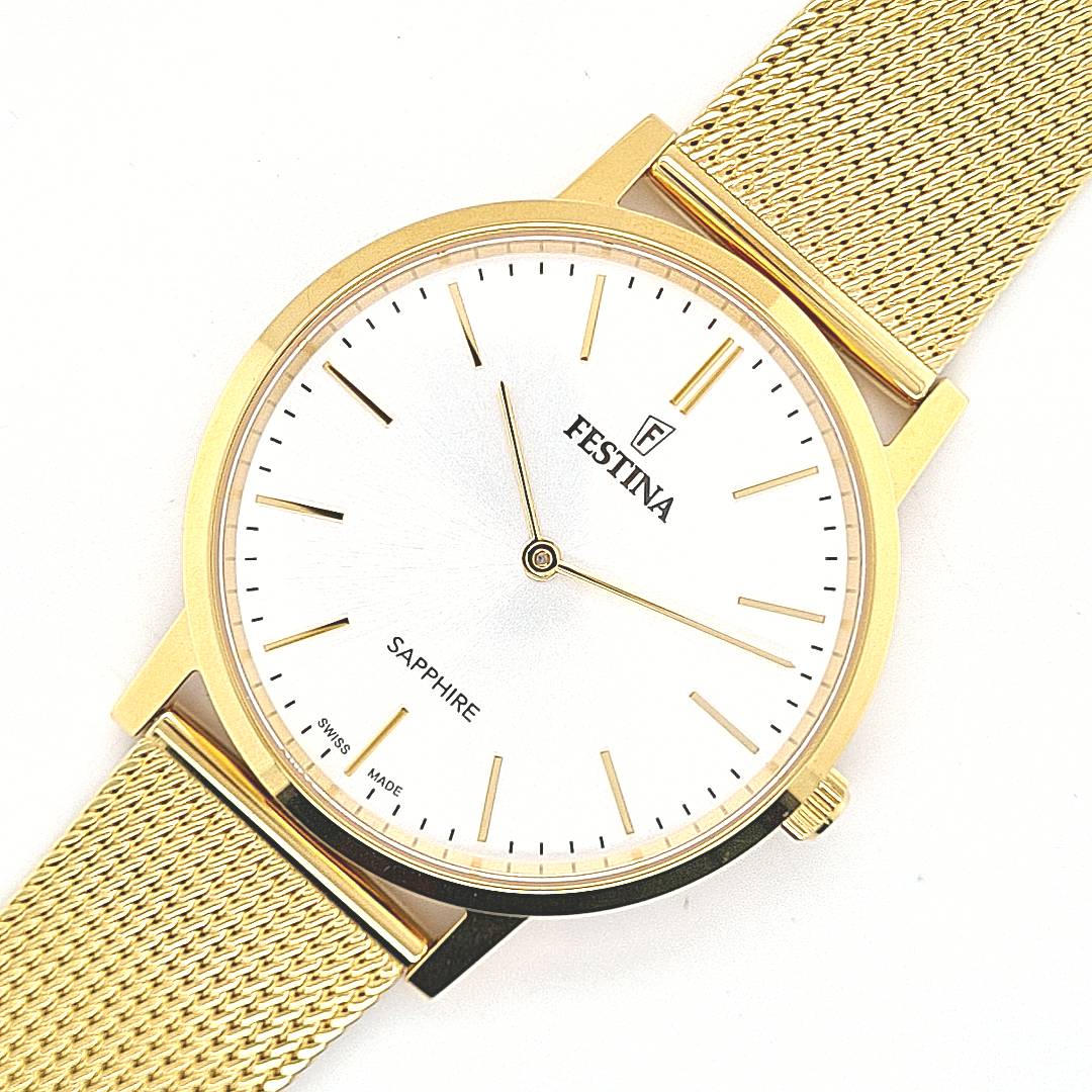 Festina Swiss Made Herrenuhr mit Milanaiseband vergoldet – Bild 11